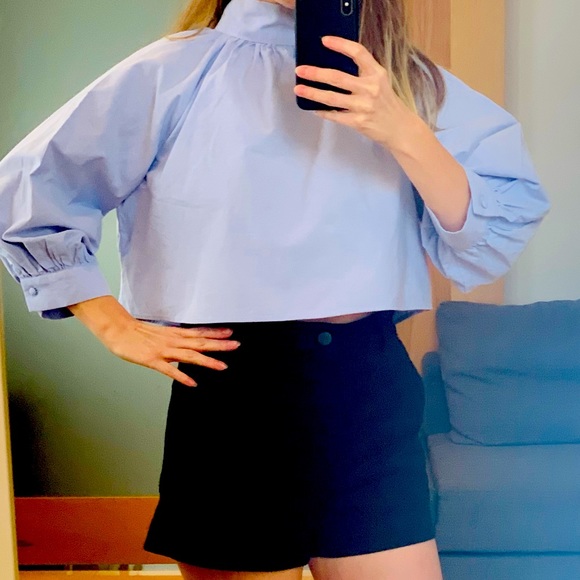 ZARA 💯 Cotton Boxy Cropped Blouse w/puffed sleeve - Picture 3 of 12